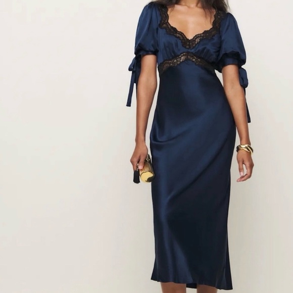 Reformation X Kacey Musgraves Stella Silk Dress in Navy - Picture 3 of 7